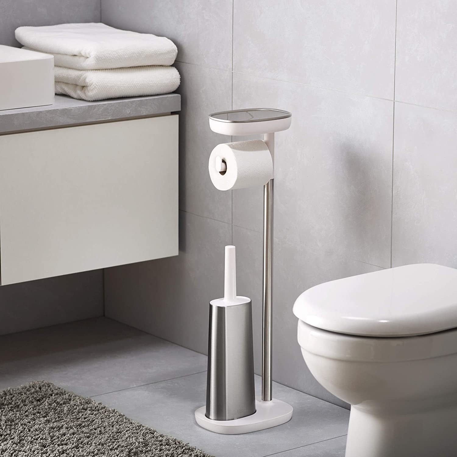 Joseph Joseph, Easy Store Butler Toilet Paper Holder Stand and Flex Toilet Brush with Shelf and Drawer, Stainless Steel