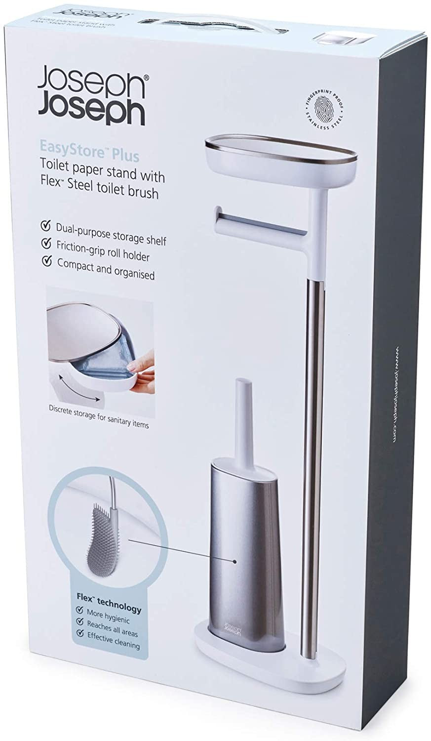 Joseph Joseph, Easy Store Butler Toilet Paper Holder Stand and Flex Toilet Brush with Shelf and Drawer, Stainless Steel