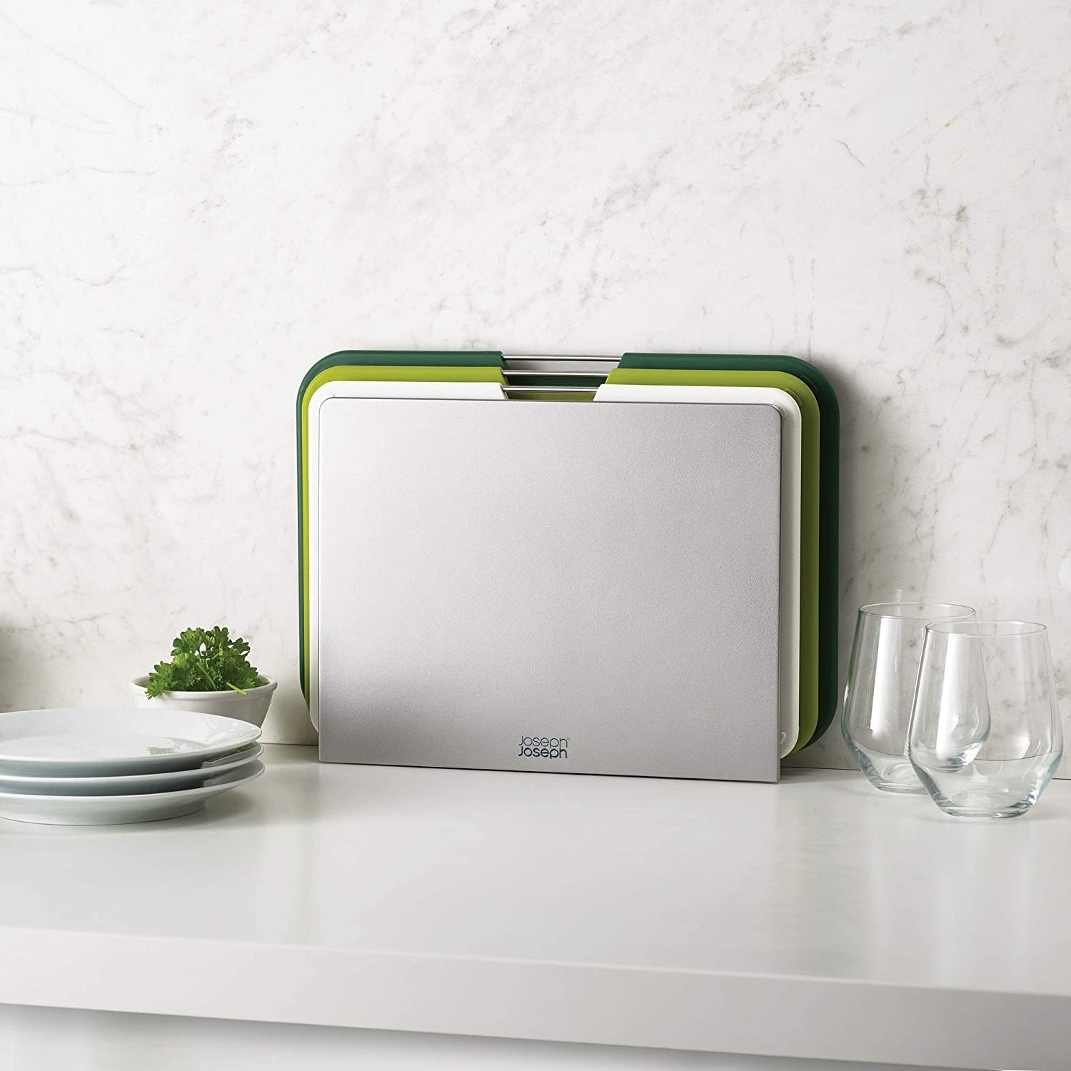 Joseph Joseph, Nest Plastic Cutting Set with Storage Stand, 3 Different Sized Boards,Green