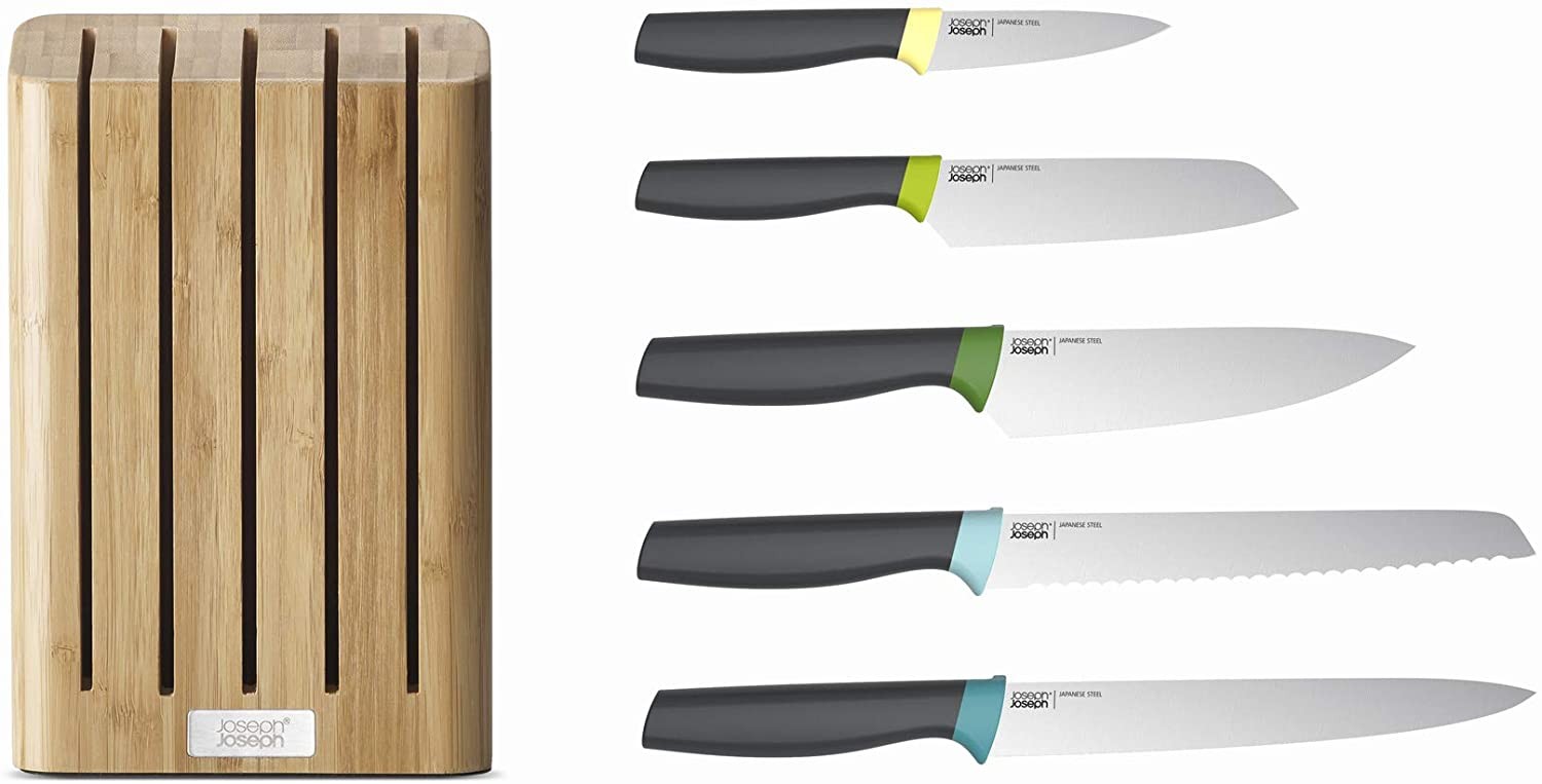 Joseph Joseph, Elevate Knife Set with Slimline Bamboo Block Japanese Stainless Steel, Opal, 6-piece