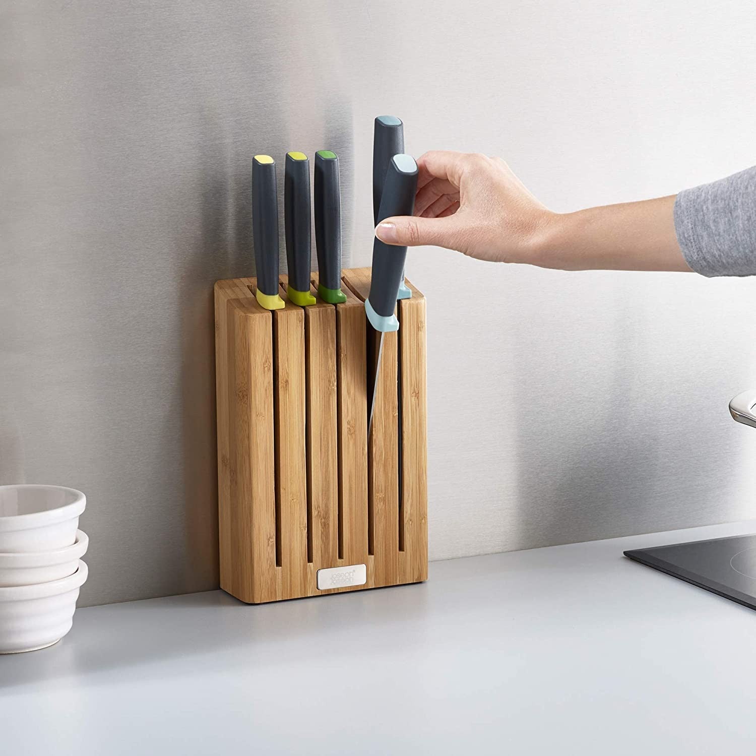 Joseph Joseph, Elevate Knife Set with Slimline Bamboo Block Japanese Stainless Steel, Opal, 6-piece