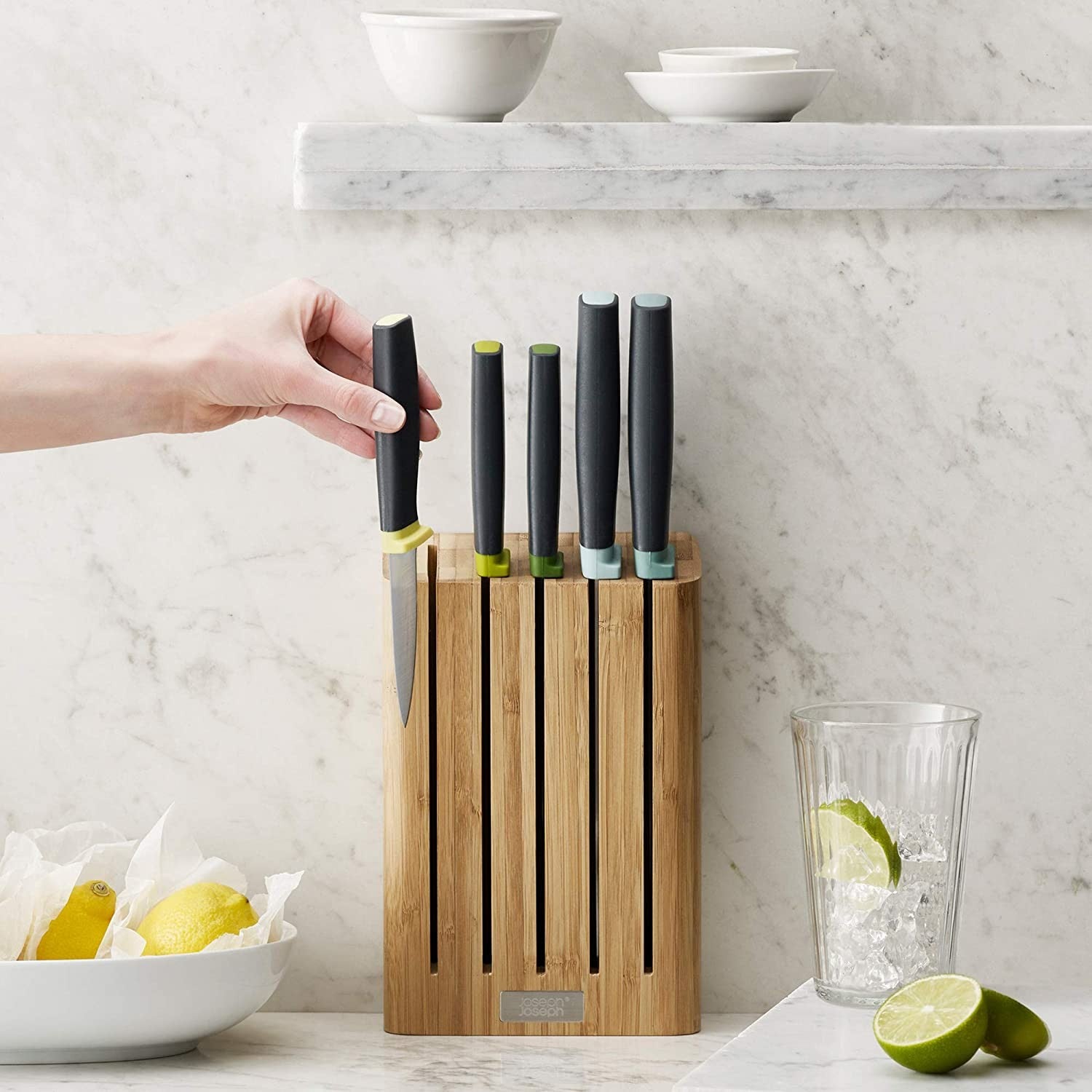 Joseph Joseph, Elevate Knife Set with Slimline Bamboo Block Japanese Stainless Steel, Opal, 6-piece