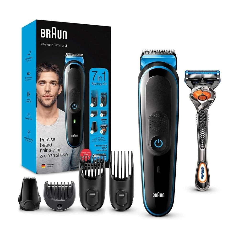 Braun, 7-in-1 Men's Beard Trimmer & Hair Clipper Kit, 5 Attachments, Black & Blue