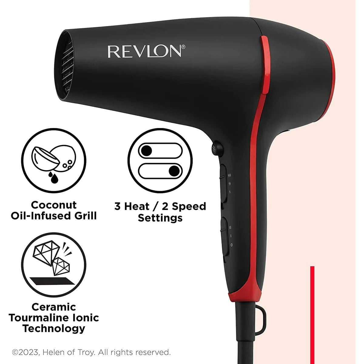 Revlon, SmoothStay Coconut Oil-Infused Hair Dryer, Volumising Diffuser, 2000 Watts, Black & Red