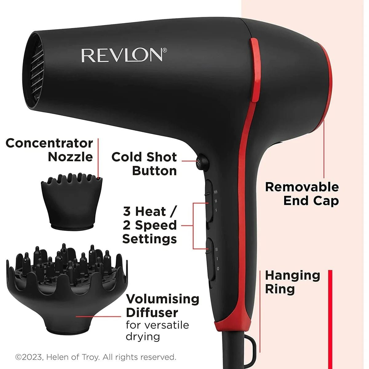 Revlon, SmoothStay Coconut Oil-Infused Hair Dryer, Volumising Diffuser, 2000 Watts, Black & Red