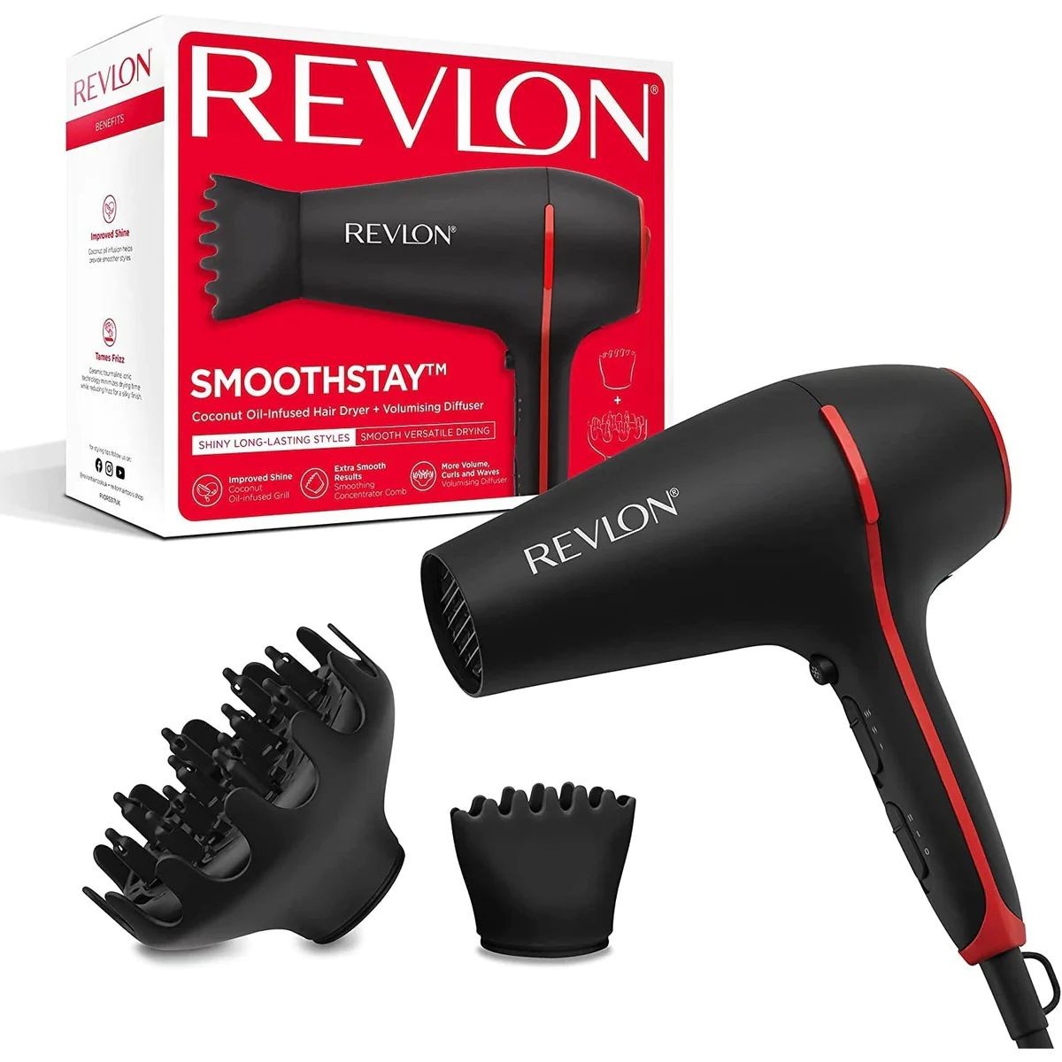 Revlon, SmoothStay Coconut Oil-Infused Hair Dryer, Volumising Diffuser, 2000 Watts, Black & Red