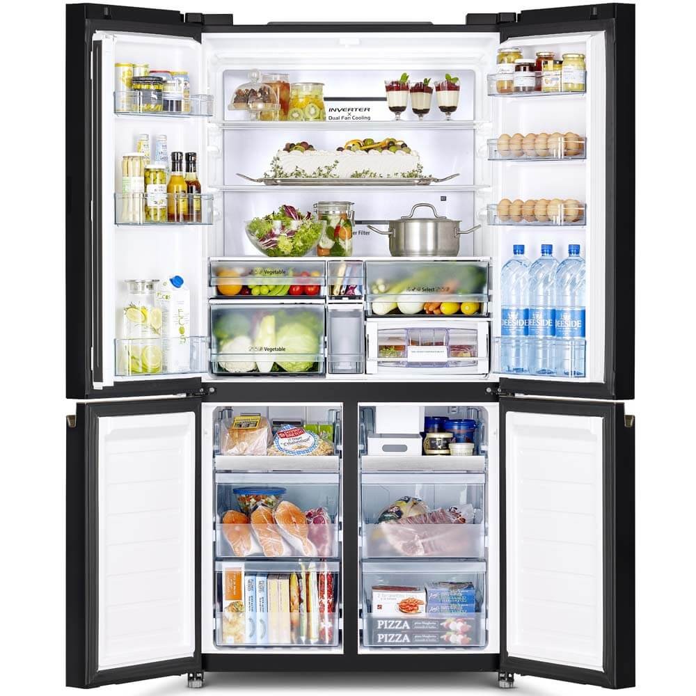 Hitachi, Refrigerator / French Bottom Freezer Deluxe, 4 Doors, Glass Black