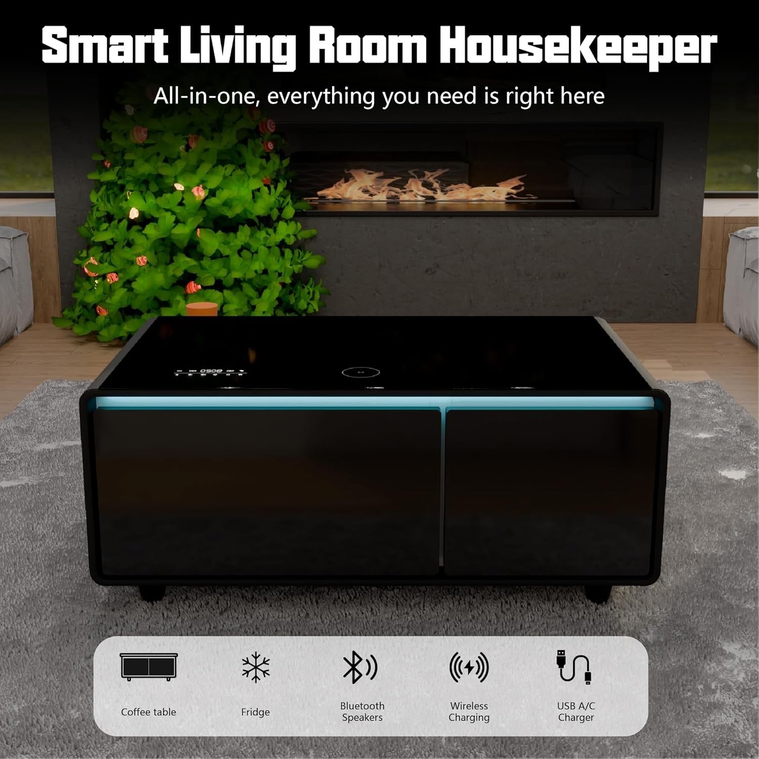 EchoChill Smart Coffee Table with Fridge & Bluetooth Speaker