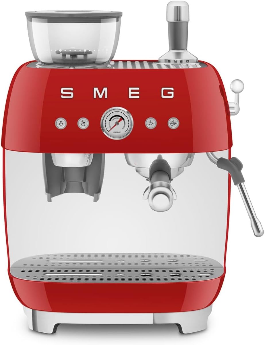 Smeg 50’s Retro Style Semi-Automatic Espresso Machine with Built-In Grinder, Red