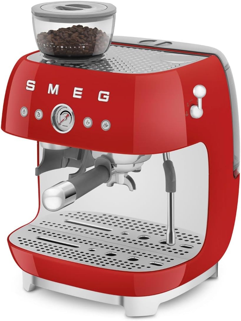 Smeg 50’s Retro Style Semi-Automatic Espresso Machine with Built-In Grinder, Red