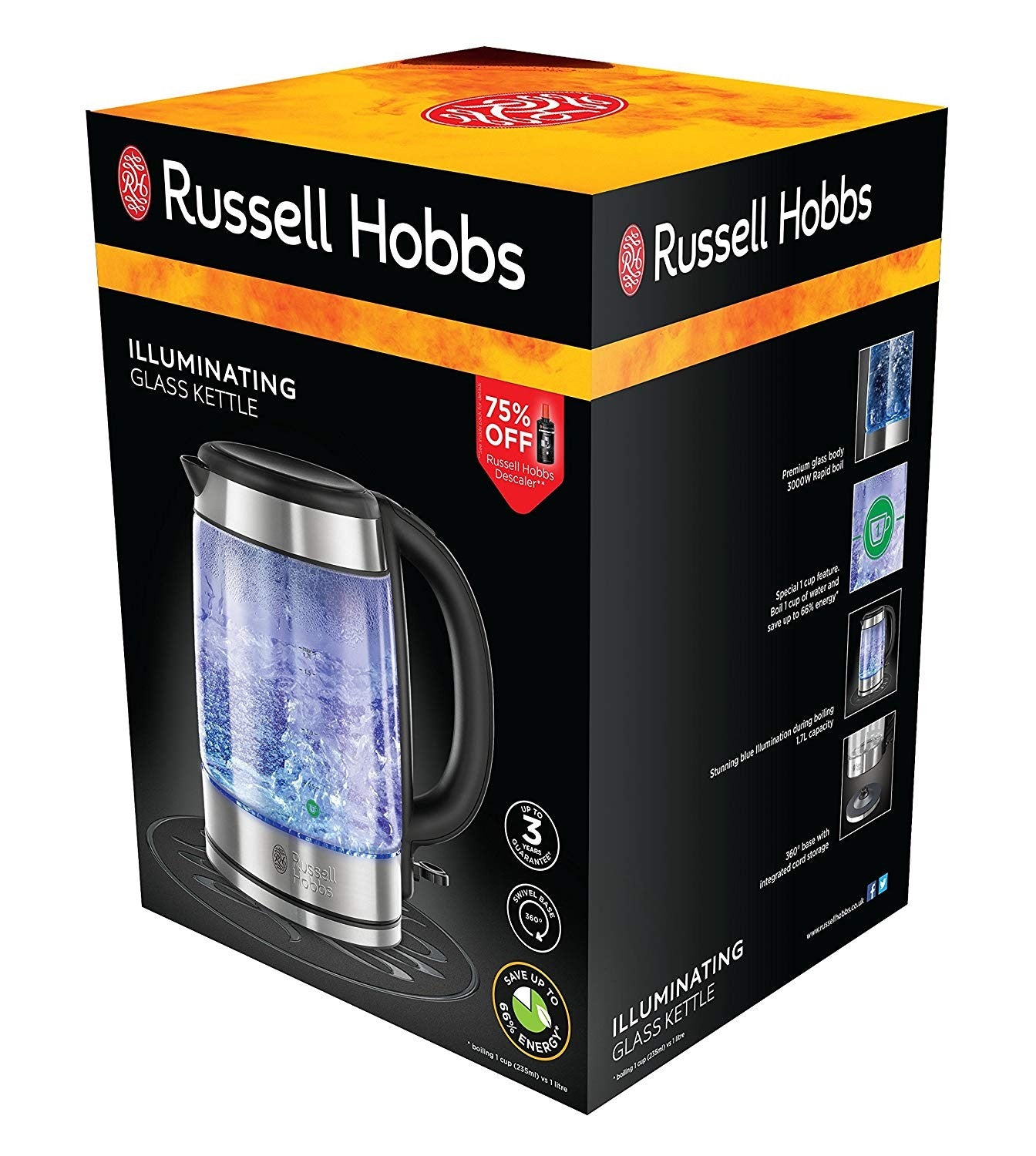Russell Hobbs, Illuminating Glass Kettle, 3000 Watts, 1.7 L, Black
