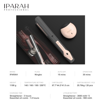 IPARAH Professional Hair Straightener, Essential Oil Comb, Negative Ion Rechargeable, Portable Travel, LED Display, USB