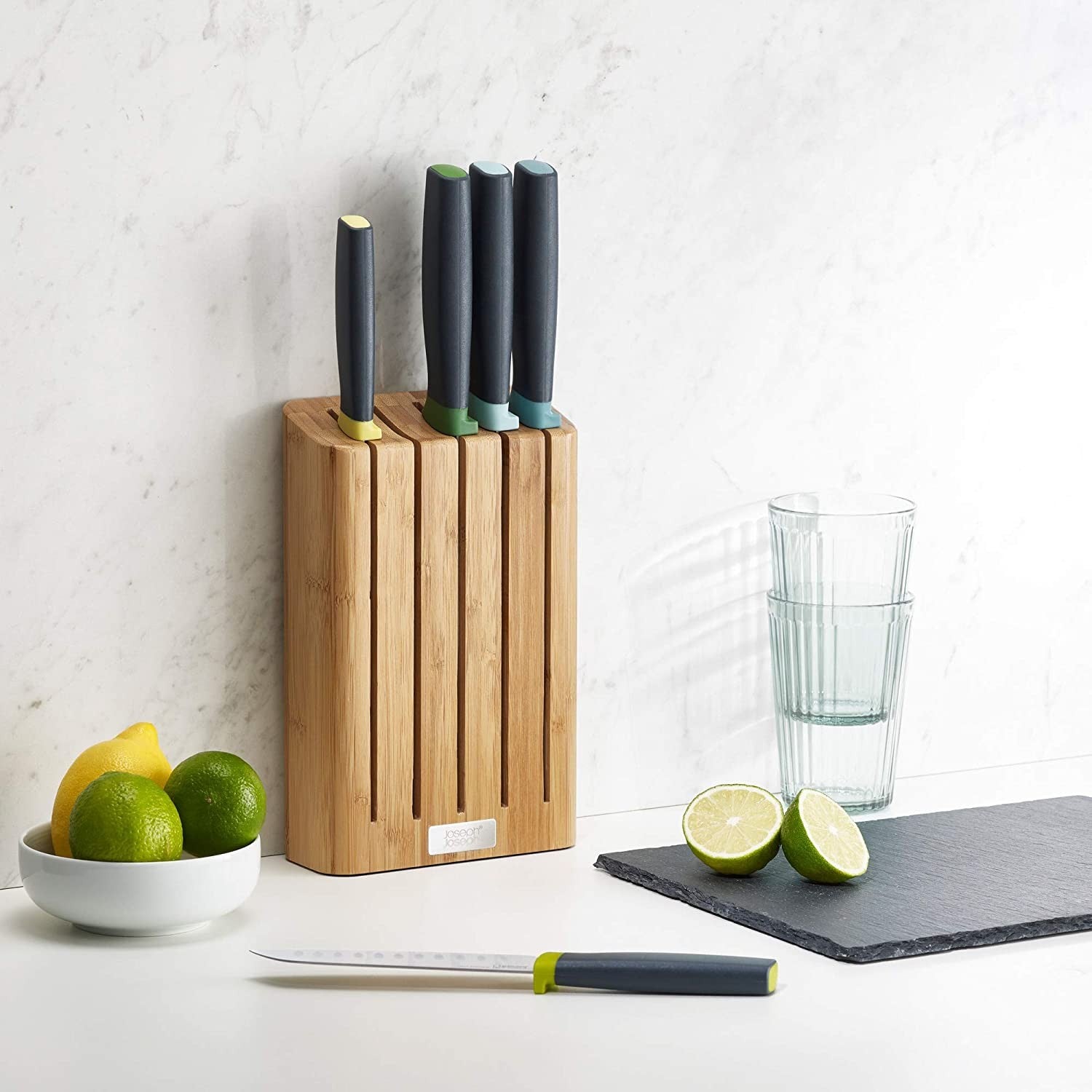 Joseph Joseph, Elevate Knife Set with Slimline Bamboo Block Japanese Stainless Steel, Opal, 6-piece