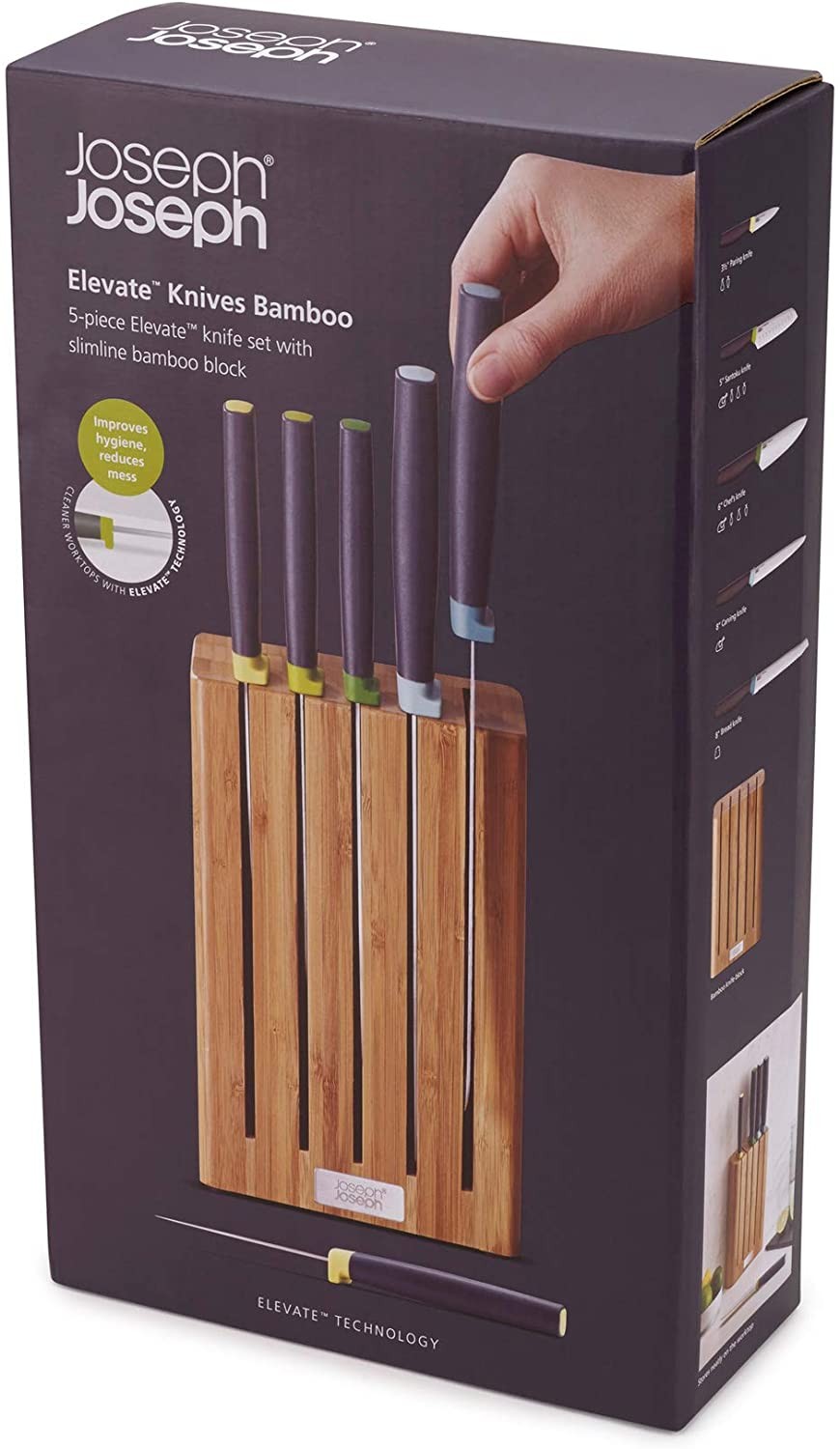 Joseph Joseph, Elevate Knife Set with Slimline Bamboo Block Japanese Stainless Steel, Opal, 6-piece