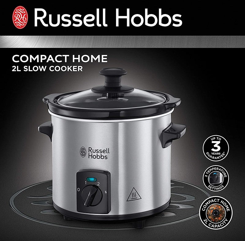 Russell Hobbs, Compact Home 2 Litre Small Slow Cooker, 110 Watts, Silver & Black