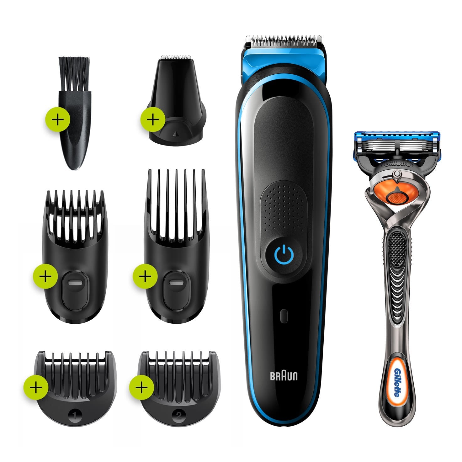 Braun, 7-in-1 Men's Beard Trimmer & Hair Clipper Kit, 5 Attachments, Black & Blue