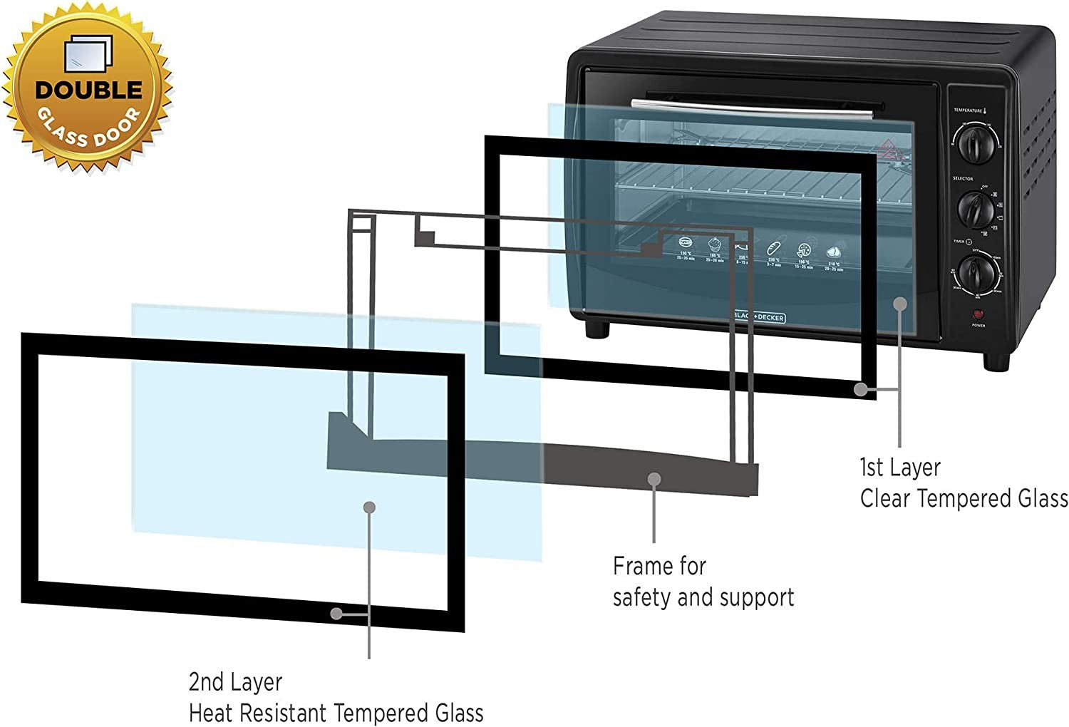 Black & Decker, Toaster Oven with Double Glass & Rotisserie, 45 L, 1800 Watts, Black