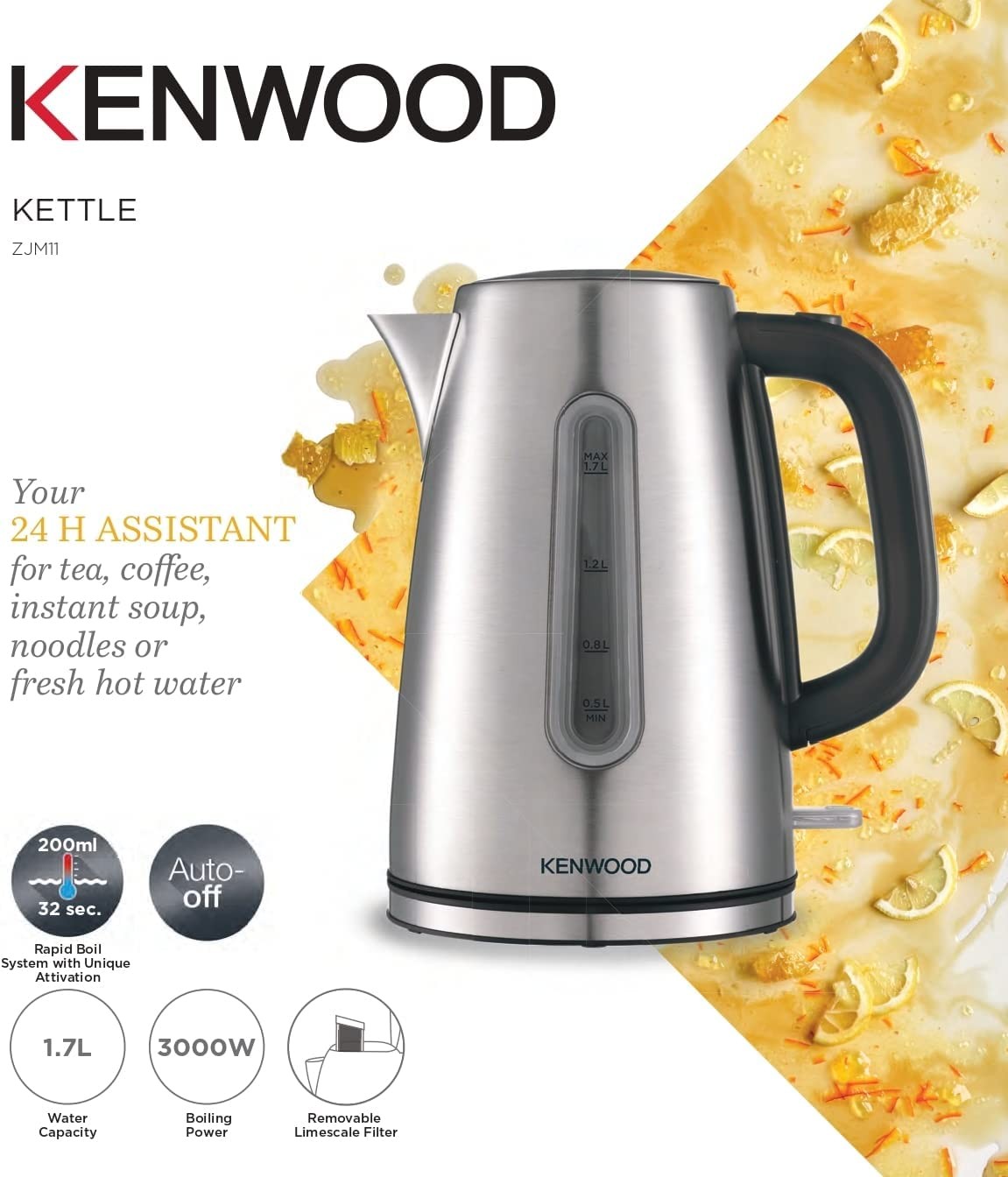Kenwood, Electric Kettle, 3000 Watts, 1.7 L, Metal