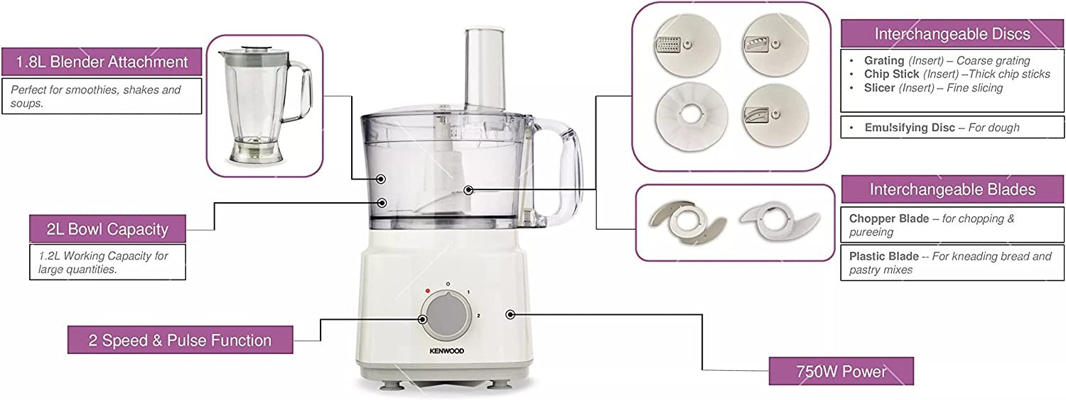 Kenwood, Multi-Functional Food Processor, 750 Watts, 2 L, White