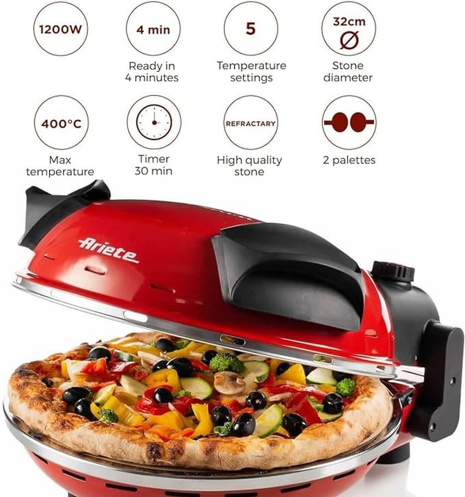 Ariete, Pizza in 4 Minutes Multi-use Pizza Oven, 1200 Watts, Black / Red