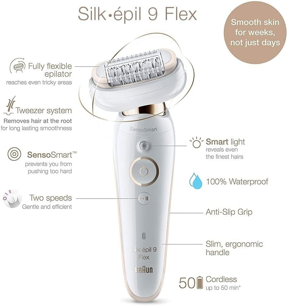 Braun Silk-épil 9 Flex Wet & Dry Epilator, 360° Flexible Head for Easy Epilation