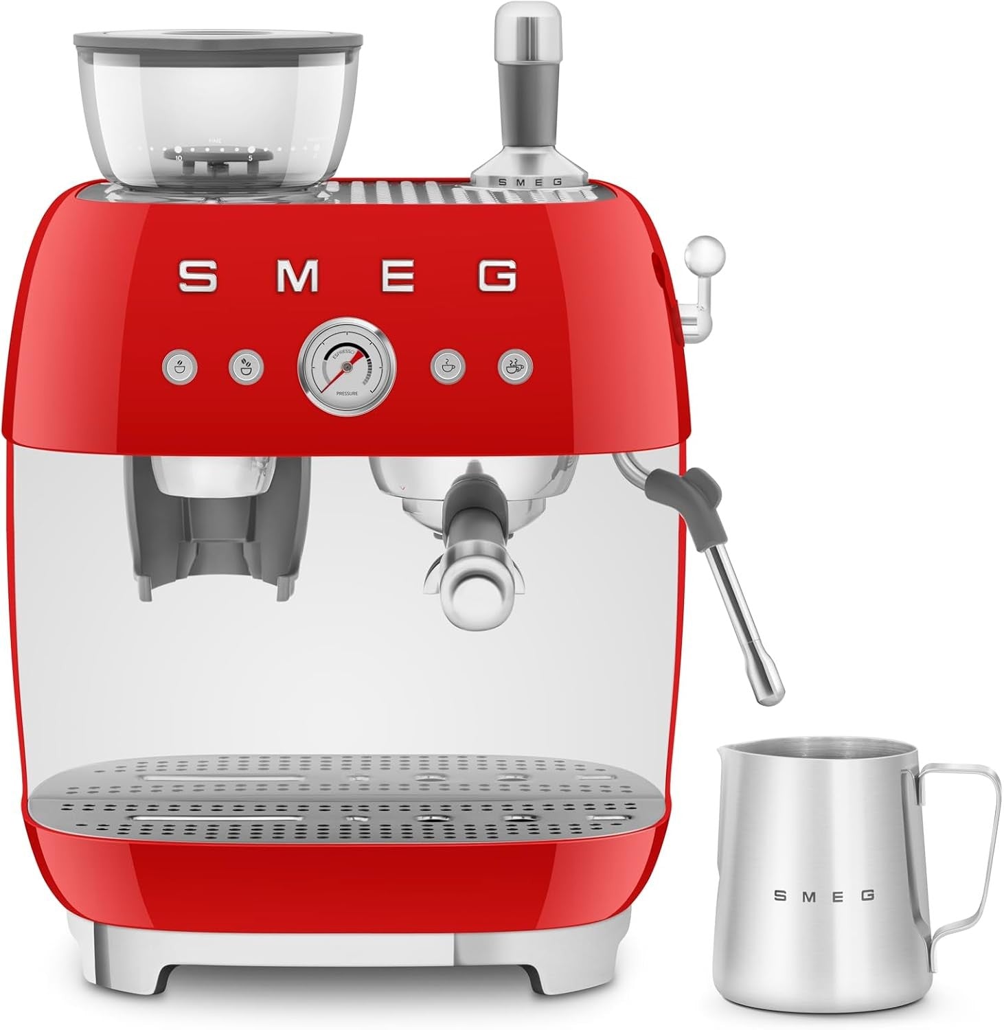 Smeg 50’s Retro Style Semi-Automatic Espresso Machine with Built-In Grinder, Red