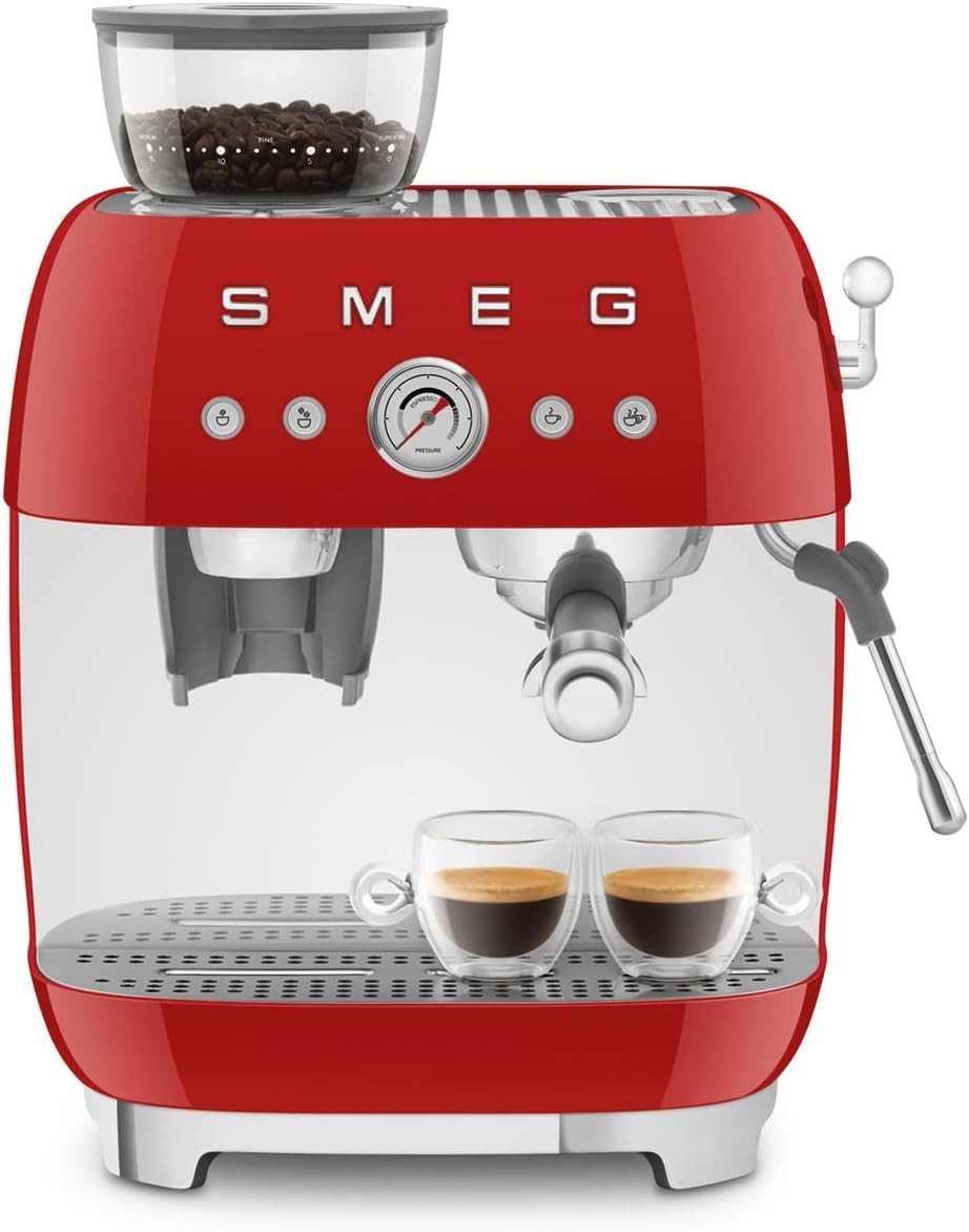 Smeg 50’s Retro Style Semi-Automatic Espresso Machine with Built-In Grinder, Red