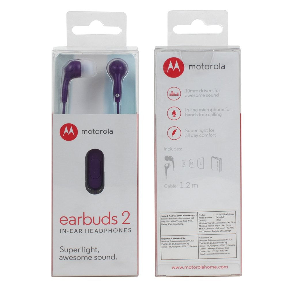 Motorola, Earbuds, 2 wired Earphones, Purple